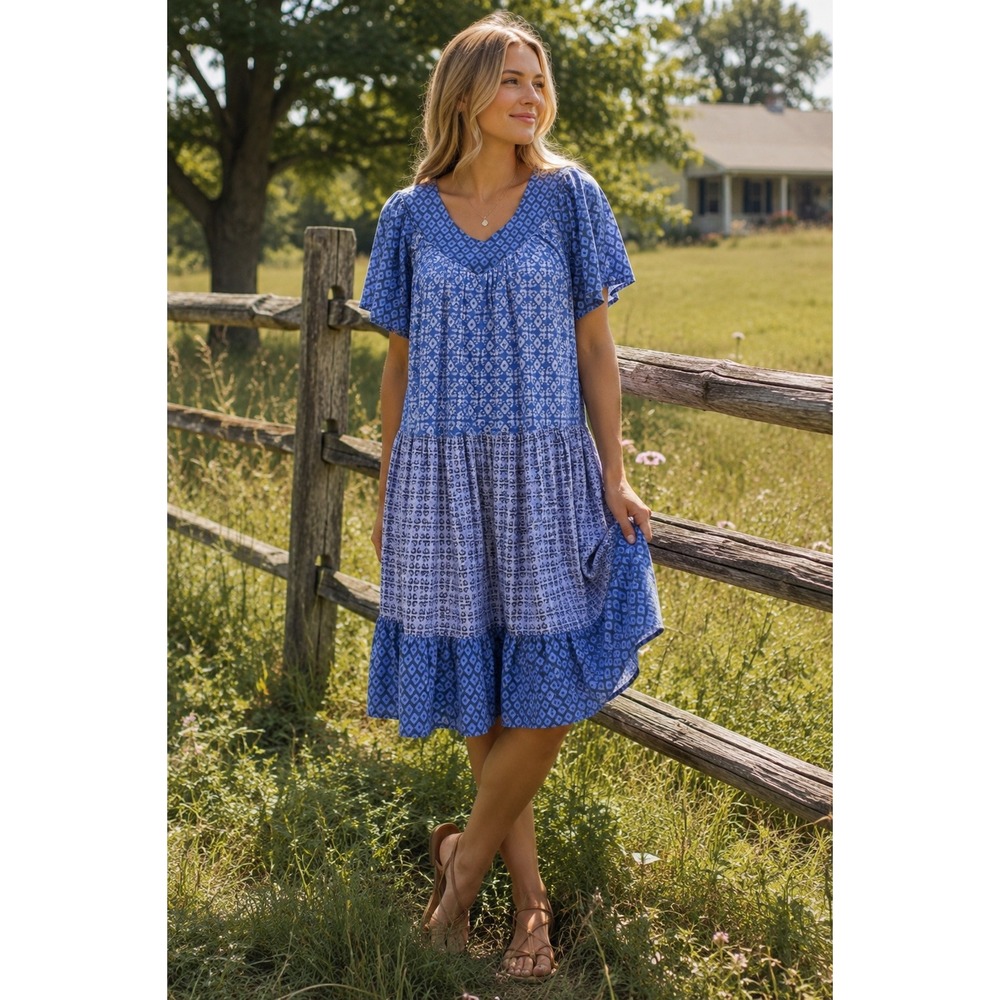 Only Necessities Blue Medallion Tiered Cotton Midi Dress Womens Med 14/16 Boho